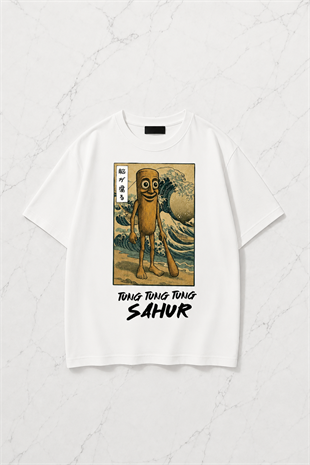 Beyaz Tung Tung Tung Sahur Baskılı Yıkamalı Vintage Unisex Oversize T-Shirt