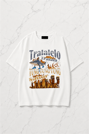 Beyaz Tung Tung Tung Sahur vs Tralalero Tralala Baskılı Yıkamalı Vintage Unisex Oversize T-Shirt