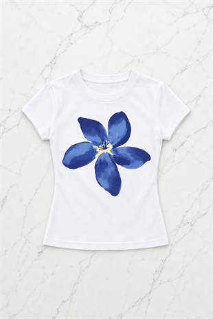 Beyaz Unisex Blue Floral Printed Kemer Boy Bluz