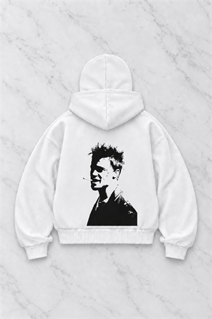 Beyaz Unisex Kar Maskeli Dövüş Klubü Baskılı Oversize Hırka