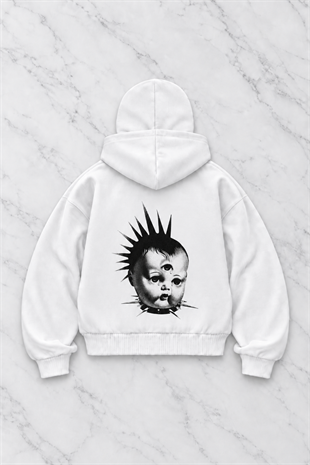 Beyaz Unisex Kar Maskeli Horror Baby Baskılı Oversize Hırka