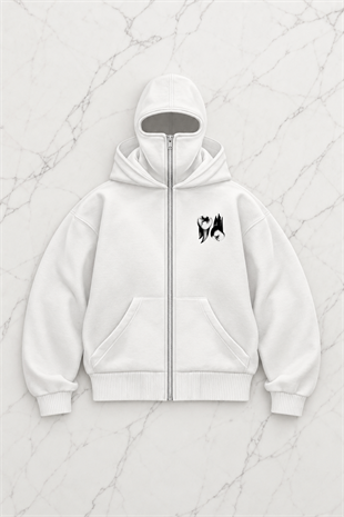 Beyaz Unisex Kar Maskeli Horror Baby Baskılı Oversize Hırka