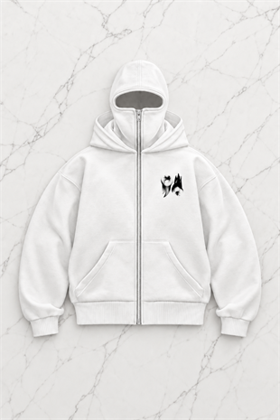 Beyaz Unisex Kar Maskeli I See You Baskılı Oversize Hırka