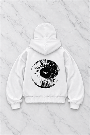 Beyaz Unisex Kar Maskeli I See You Baskılı Oversize Hırka