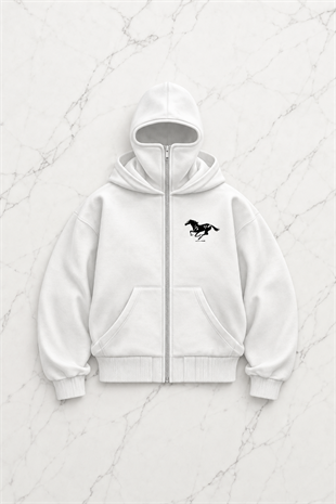 Beyaz Unisex Kar Maskeli Redemption Baskılı Oversize Hırka