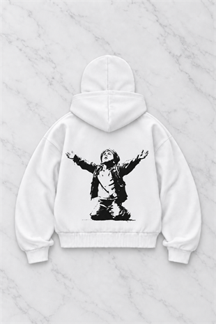 Beyaz Unisex Kar Maskeli Redemption Baskılı Oversize Hırka