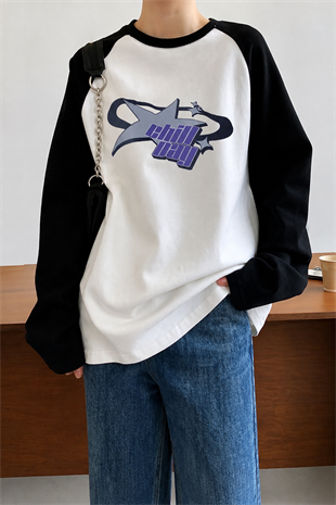 Beyaz Unisex Reglan Chill Day Uzun Kol T-Shirt