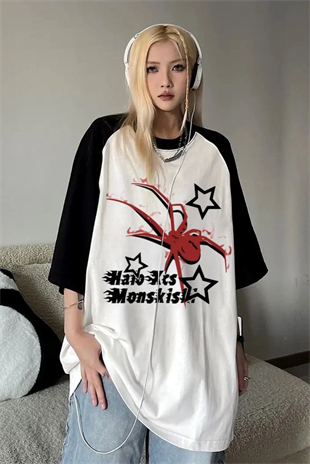Beyaz Unisex Siyah Reglan Streetwear Spider Halo Star T-Shirt