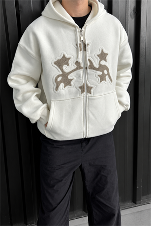 Beyaz Unisex Süzene Kabartmalı Oversize Hırka