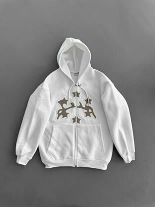 Beyaz Unisex Süzene Kabartmalı Oversize Hırka