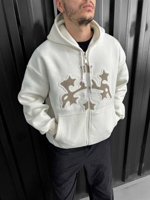 Beyaz Unisex Süzene Kabartmalı Oversize Hırka