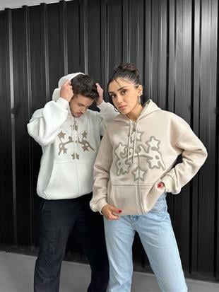 Beyaz Unisex Süzene Kabartmalı Oversize Hırka