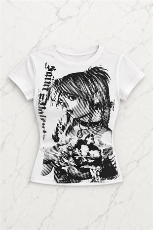 Beyaz Vintage Anime Misa Amane Saint Kısa Kollu Crop