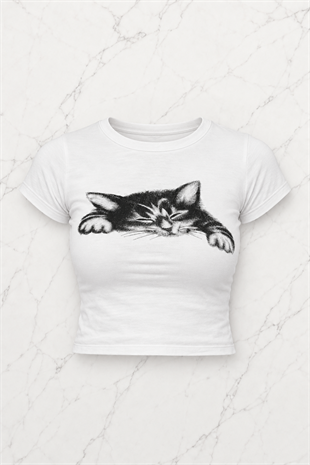 Beyaz Y2K Cat Graphic Crop