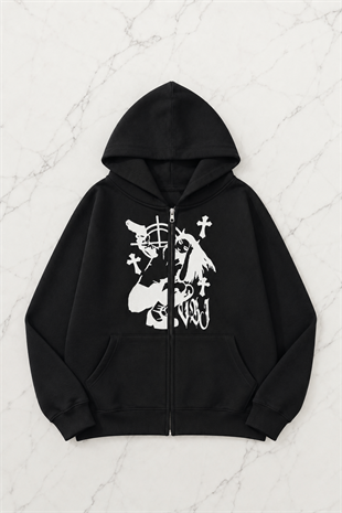 Blood Girl Siyah Kapüşonlu Oversize Unisex Hırka