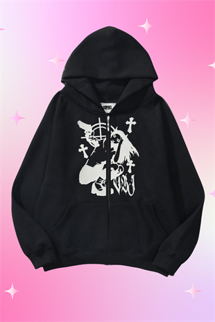 Blood Girl Siyah Kapüşonlu Oversize Unisex Hırka