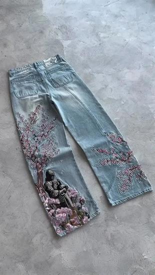 Blue Night Blossom Nakışlı Wide Leg Jean