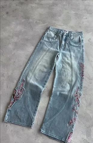 Blue Night Blossom Nakışlı Wide Leg Jean