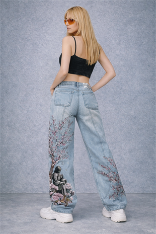 Blue Night Blossom Nakışlı Wide Leg Jean