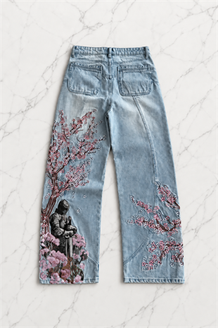 Blue Night Blossom Nakışlı Wide Leg Jean
