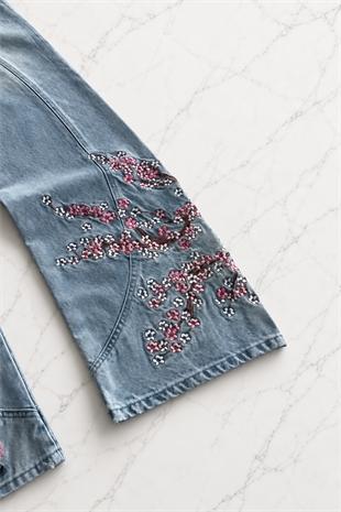 Blue Night Blossom Nakışlı Wide Leg Jean