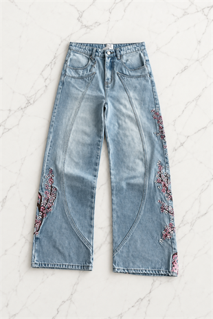 Blue Night Blossom Nakışlı Wide Leg Jean