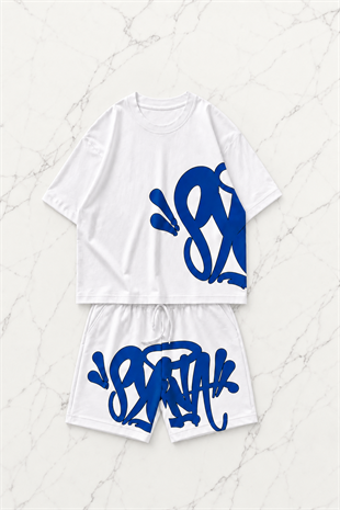 Blue Street Graffiti Beyaz Unisex T-shirt & Şort Takım