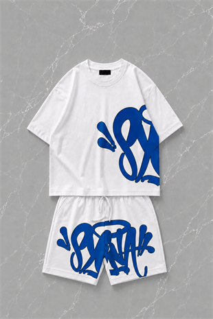Blue Street Graffiti Beyaz Unisex T-shirt & Şort Takım