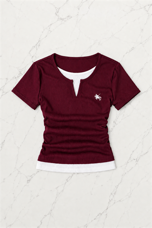 Bordo Chapter Parçalı Büzgülü Bluz
