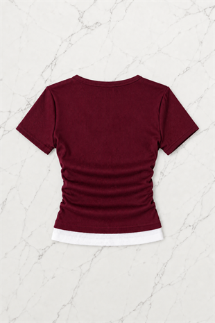 Bordo Chapter Parçalı Büzgülü Bluz