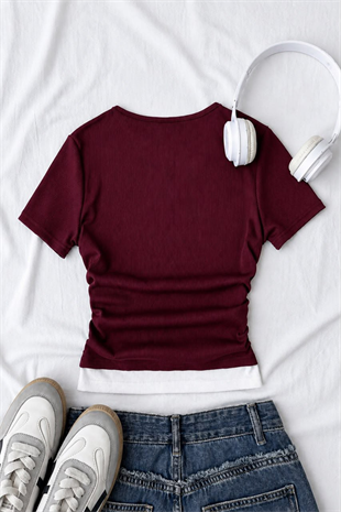Bordo Chapter Parçalı Büzgülü Bluz