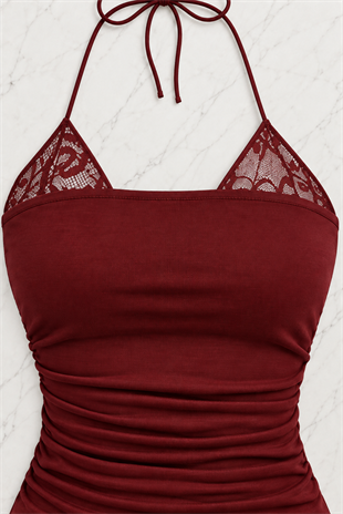 Bordo Dantel Ekli Bağlamalı Y2K Askılı Crop