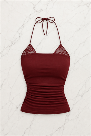 Bordo Dantel Ekli Bağlamalı Y2K Askılı Crop