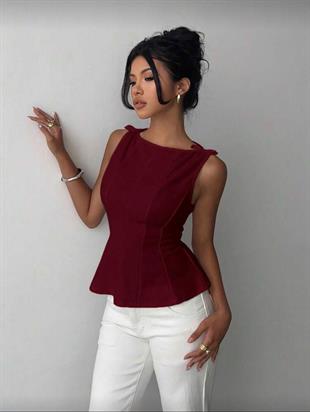 Bordo Fiyonk Detaylı Parçalı Bluz