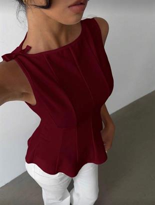 Bordo Fiyonk Detaylı Parçalı Bluz