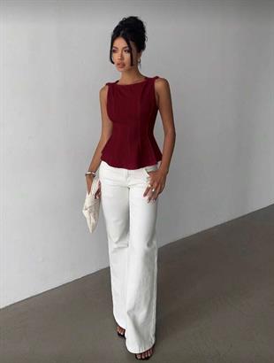 Bordo Fiyonk Detaylı Parçalı Bluz