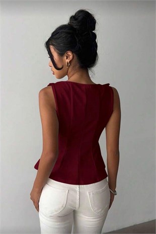 Bordo Fiyonk Detaylı Parçalı Bluz