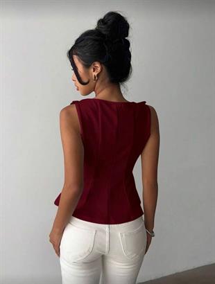 Bordo Fiyonk Detaylı Parçalı Bluz