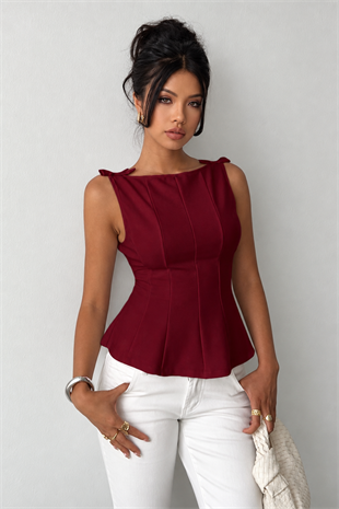 Bordo Fiyonk Detaylı Parçalı Bluz