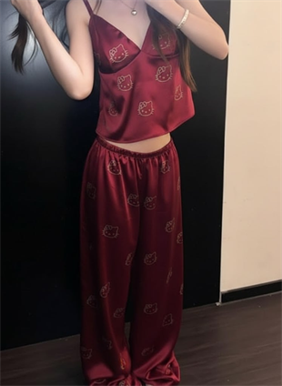 Bordo Hello Kitty Taş Detaylı Saten Homewear Pijama Takımı