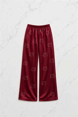 Bordo Hello Kitty Taş Detaylı Saten Homewear Pijama Takımı
