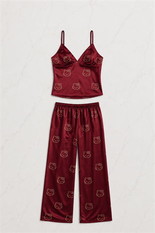 Bordo Hello Kitty Taş Detaylı Saten Homewear Pijama Takımı