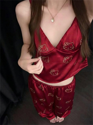 Bordo Hello Kitty Taş Detaylı Saten Homewear Pijama Takımı