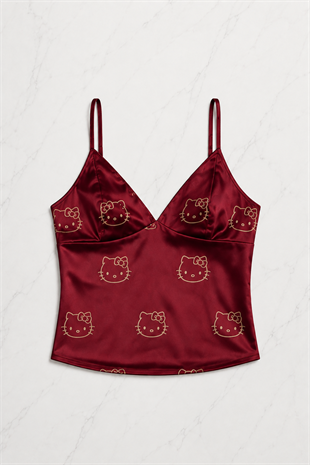 Bordo Hello Kitty Taş Detaylı Saten Homewear Pijama Takımı