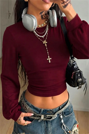Bordo LOOC Corset Uzun Kollu Beli Büzgülü Bluz