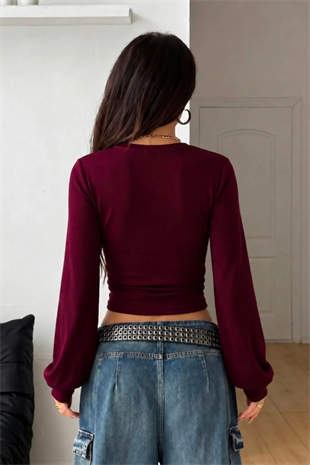 Bordo LOOC Corset Uzun Kollu Beli Büzgülü Bluz