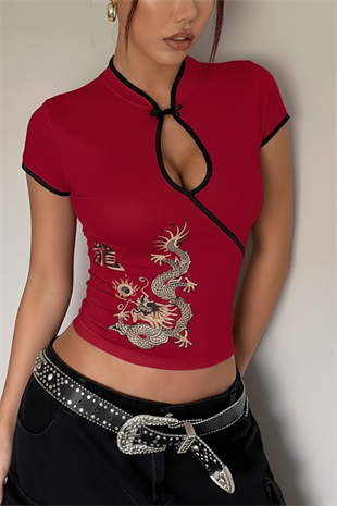 Bordo Mandarin Yaka Ejderha Motifli Vintage Qipao Crop T-shirt