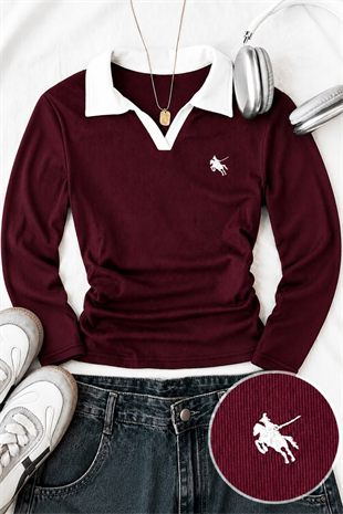 Bordo Olos Polo Yaka Nakışlı Büzgülü Uzun Kollu Bluz