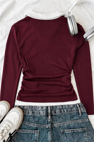 Bordo Olos Polo Yaka Nakışlı Büzgülü Uzun Kollu Bluz