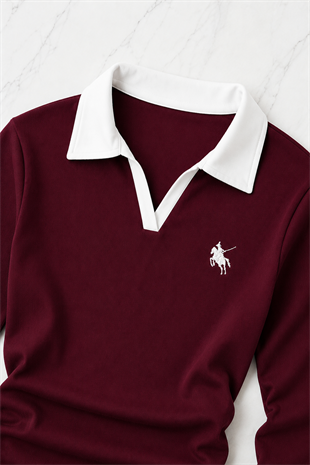 Bordo Olos Polo Yaka Nakışlı Büzgülü Uzun Kollu Bluz